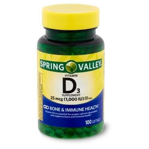 Spring Valley Vitamin D3, 25mcg, 1,000 IU – 100 Softgels