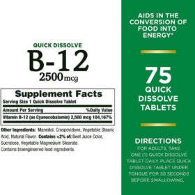 Nature's Bounty Vitamin B12 2500mcg supplement facts