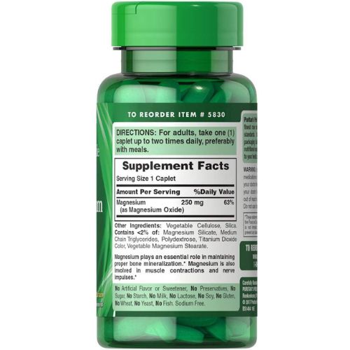 Puritan's Pride Magnesium 250 gm Tablet Supplement facts