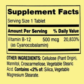Spring Valley Vitamin B12 500 mcg supplement facts