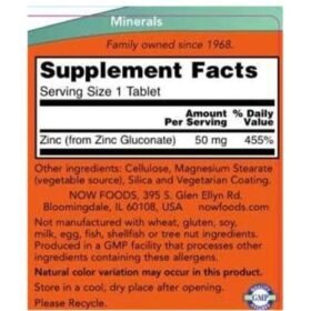 NOW Foods Zinc 50 mg Tablets Supplement Facts