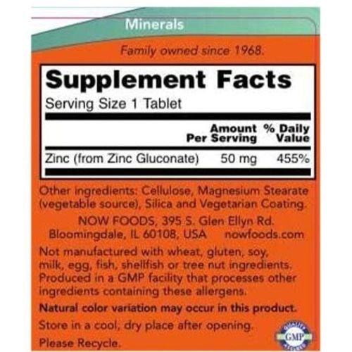 NOW Foods Zinc 50 mg Tablets Supplement Facts NOW Foods Zinc 50 mg Tablets Supplement Facts